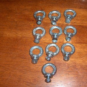 Eyebolts M-8, Lot of 10 with nuts. 1/2" tgread stem, 3/4" opening